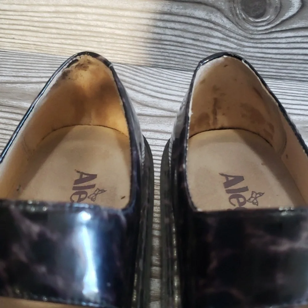 Alegria 38(8/8.5) black/gray animal print Mary Jane platforms clogs